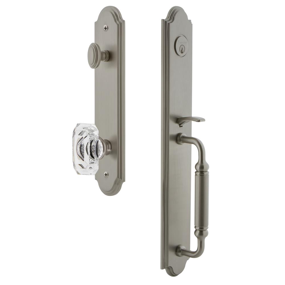 Grandeur by Nostalgic Warehouse ARCCGRBCC Arc One-Piece Handleset with C Grip and Baguette Clear Crystal Knob in Satin Nickel